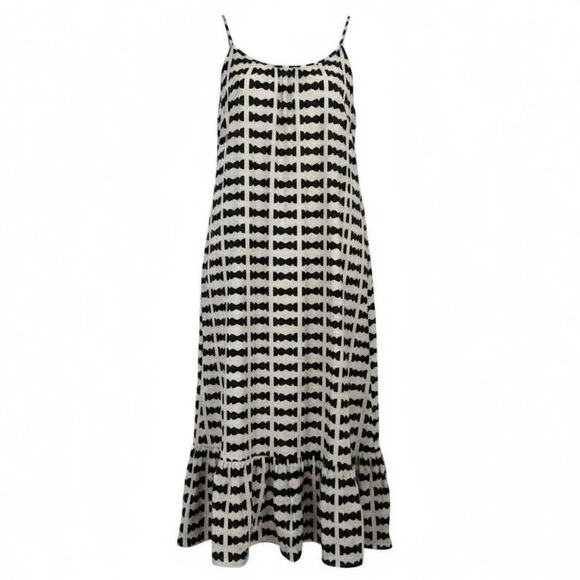 Bel Kazan Bow Print Maxi Dress Black White Ruffle Hem Boho Resort large - Picture 1 of 16